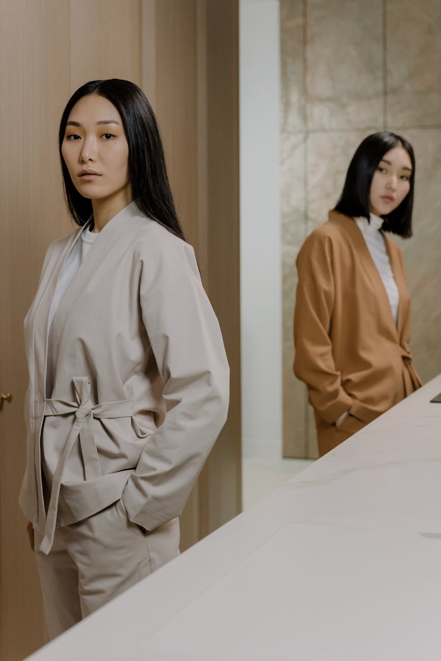 women in modern kimono outfit